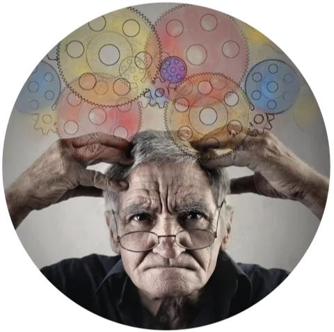 Portrait d'un homme âgé, les mains sur la tête, surmonté d'une illustration de cerveau en engrenages colorés